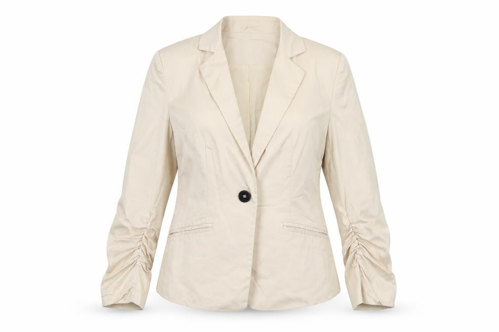 Front view of Vivance Collection women’s beige jacket blazer, size UK 14, button - ruched sleeves