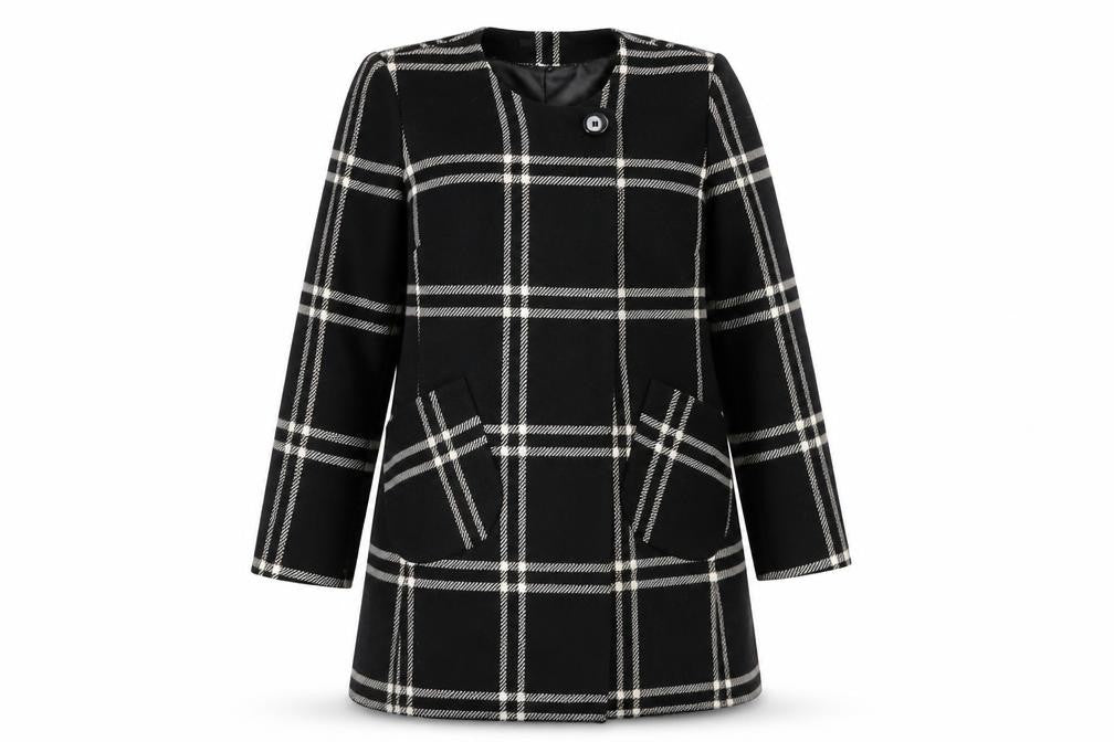 Front view of ALEX&CO women’s black plaid overcoat coat, size UK 10, button