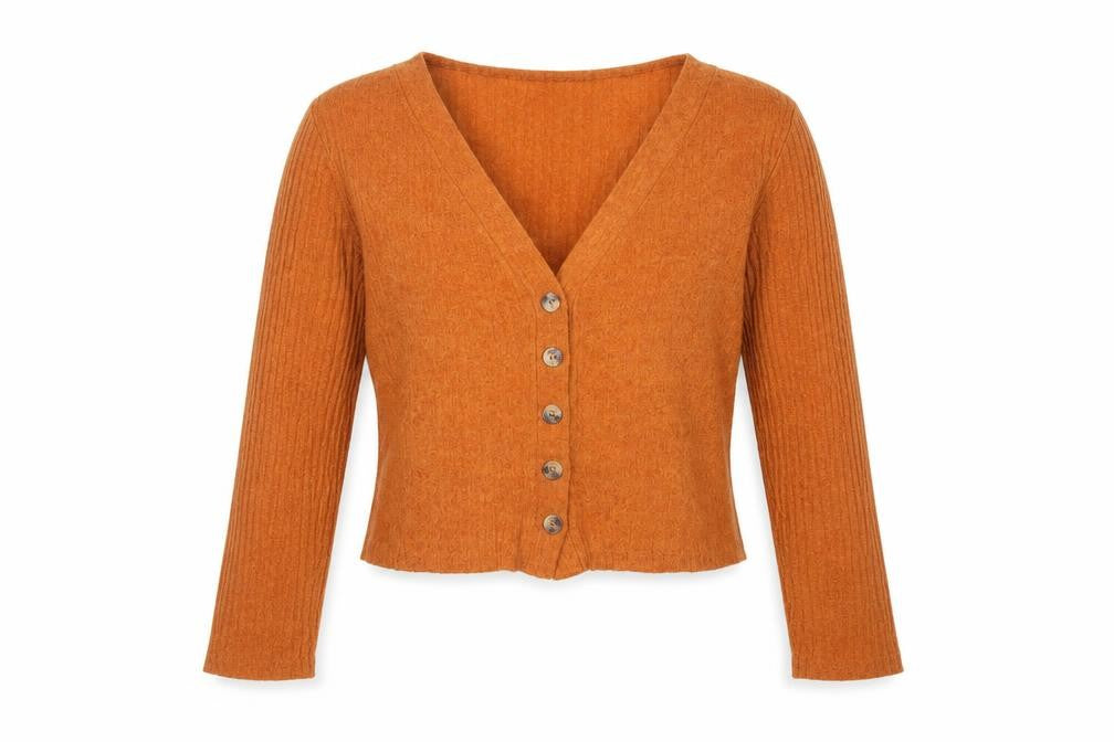 Front view of Cotton:On women’s orange v-neck polyester cardigan jumper, size M
