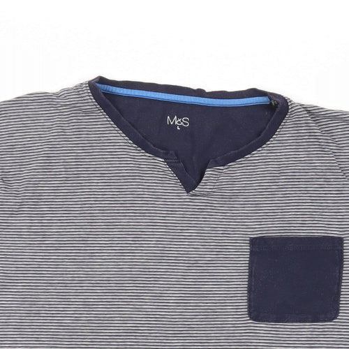 Marks and Spencer Mens Blue Striped Cotton T-Shirt Size L Crew Neck - Pocket Detail