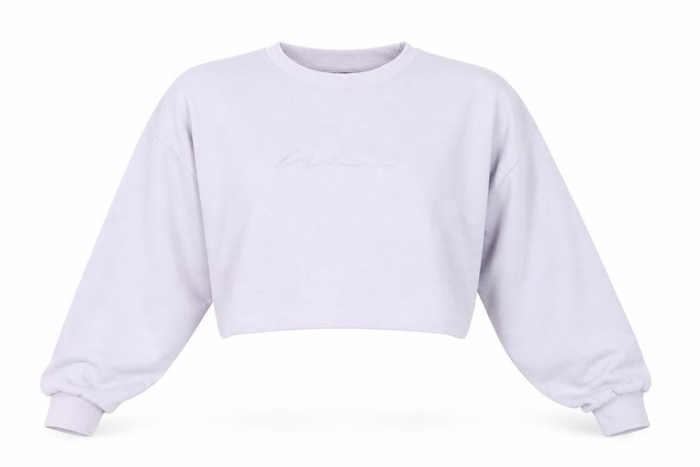 Front view of Boohoo women’s purple cotton pullover sweatshirt, size S, pullover - cropped