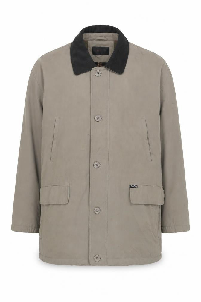 Front view of Douglas men’s brown pea coat coat, size 46, button