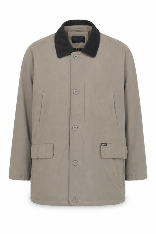 Front view of Douglas men’s brown pea coat coat, size 46, button