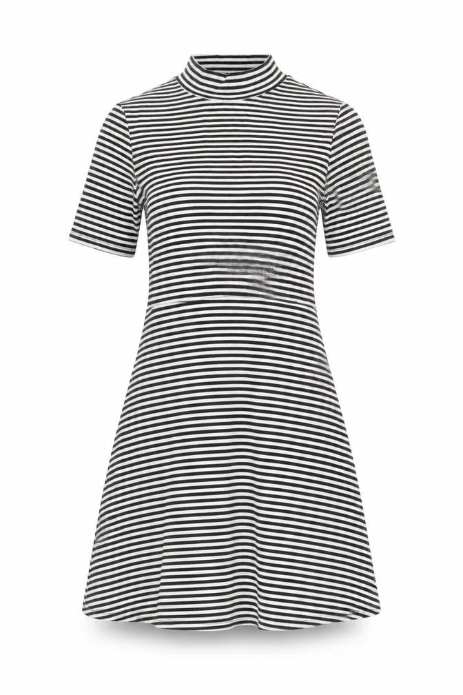 Front view of Topshop women’s black striped polyester fit & flare, size UK 6, mock neck pullover