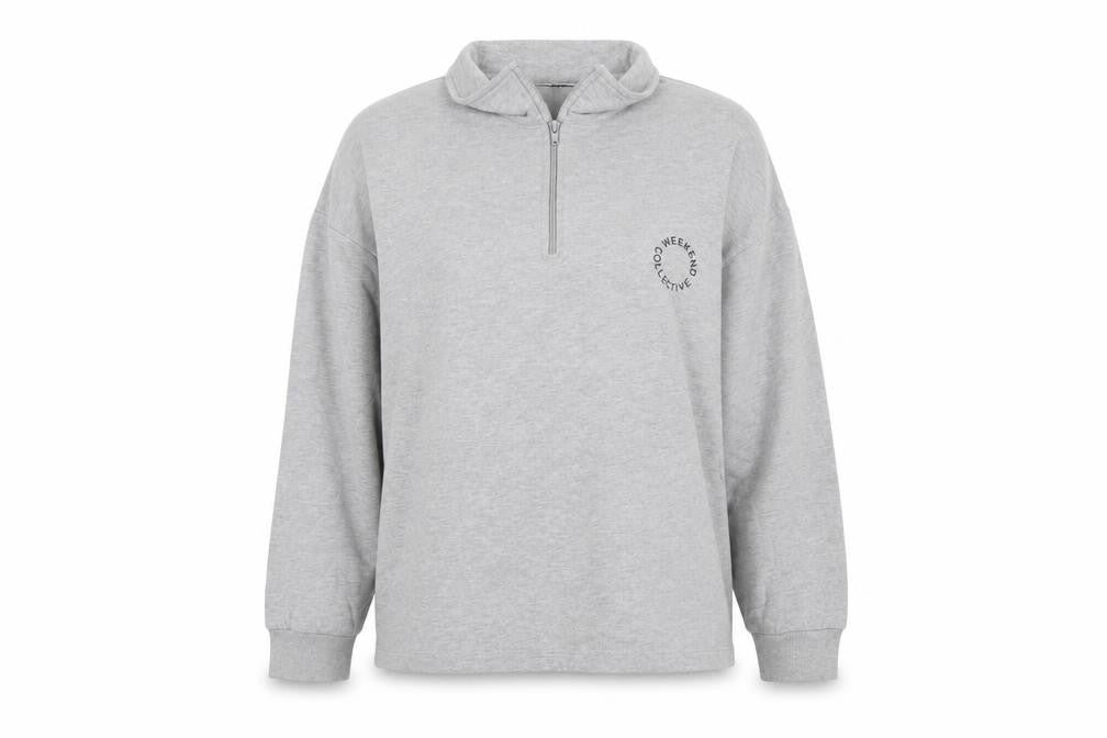 Front view of ASOS women’s grey cotton pullover sweatshirt, size UK 10, zip