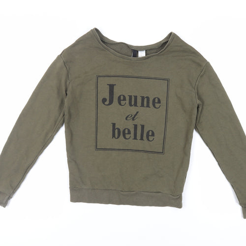 H&M Womens Green Cotton Pullover Sweatshirt Size XS Pullover - Slogan