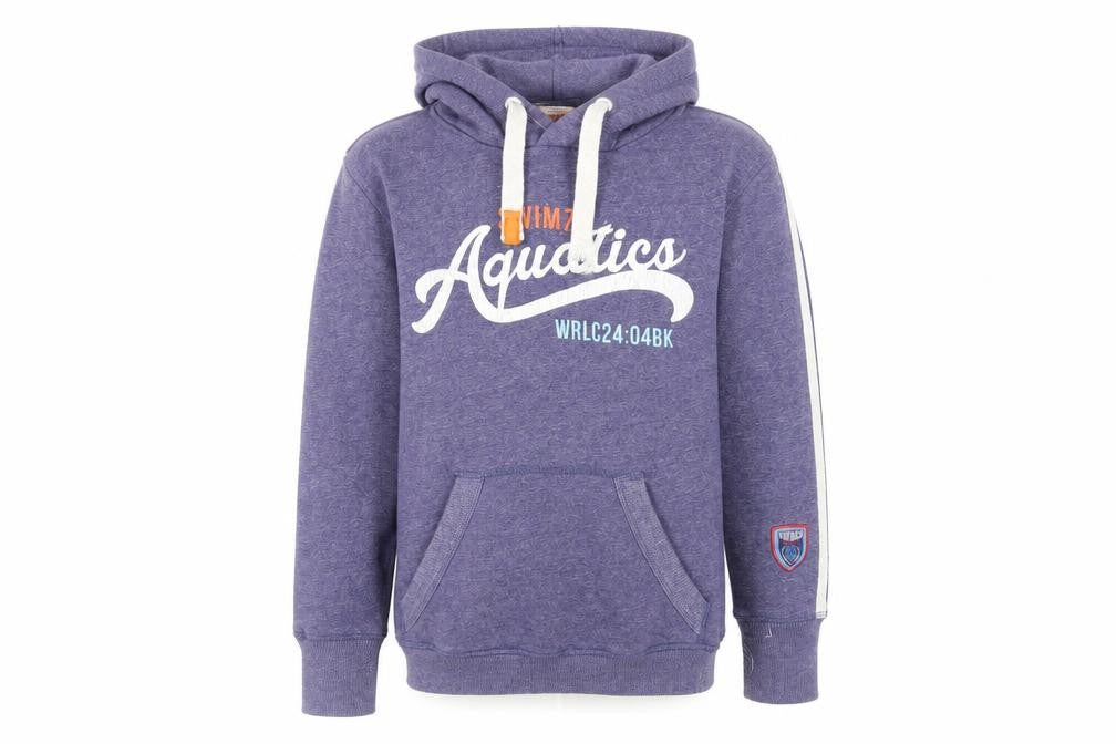 Front view of Swimzi boys’ blue cotton pullover hoodie, size 11-12, years pullover - logo pockets