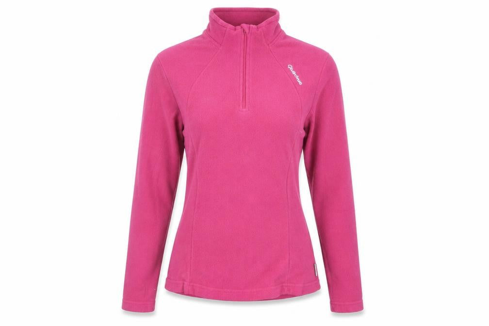 Front view of Decathlon women’s pink polyester pullover sweatshirt, size S, zip