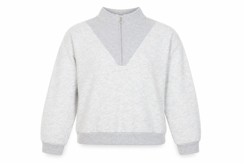 Front view of Boohoo women’s grey cotton pullover sweatshirt, size UK 12, zip