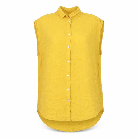 Front view of H&M women’s yellow viscose basic button-up, size UK 8, collared