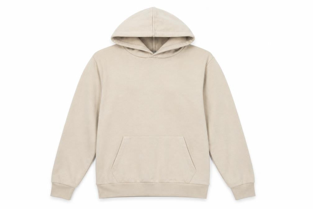 Front view of Marks & Spencer women’s beige cotton pullover hoodie, size XS, pullover - pockets
