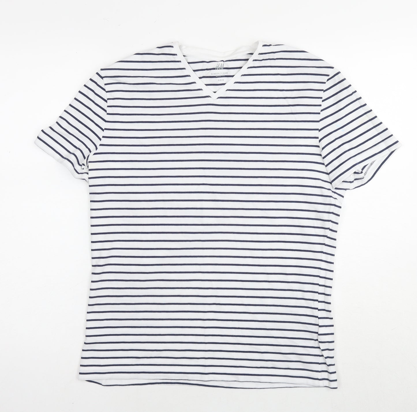 H&M Womens White Striped Cotton Basic T-Shirt Size M Collared