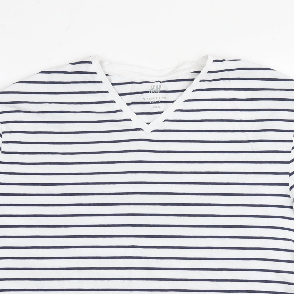 H&M Womens White Striped Cotton Basic T-Shirt Size M Collared