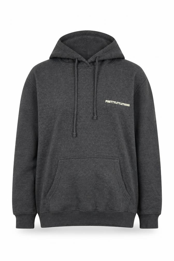 Front view of PRETTYLITTLETHING women’s grey cotton pullover hoodie, size UK 8, pullover - logo