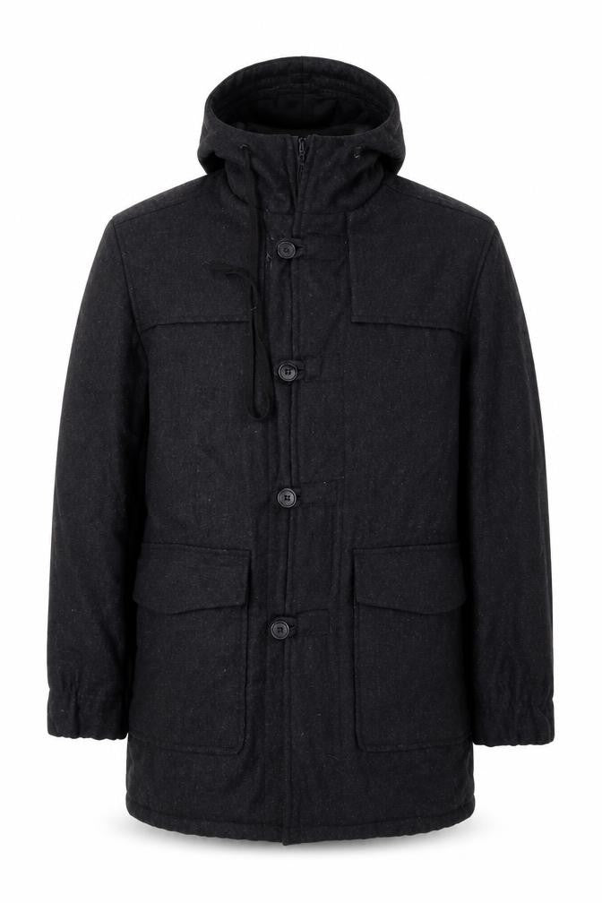 Front view of Luca men’s grey overcoat coat, size L, zip