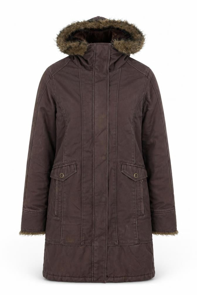 Front view of Moto women’s brown parka coat, size UK 14, zip