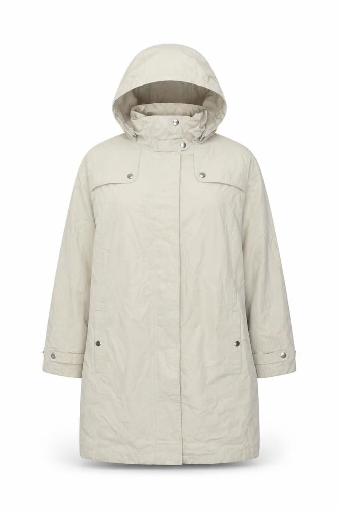 Front view of Being Casual women’s beige trench coat coat, size UK 18, zip