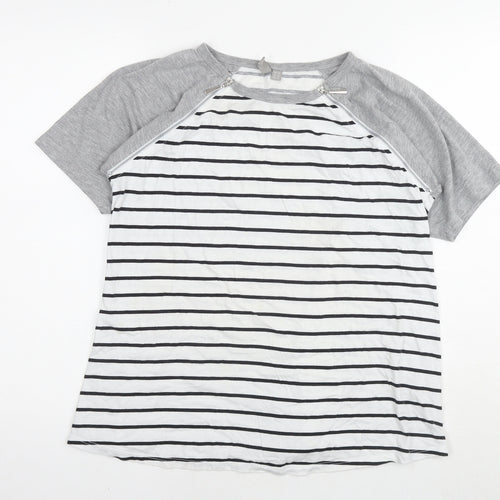 ASOS Womens White Striped Cotton Basic T-Shirt Size 10 Round Neck - Zip Detail