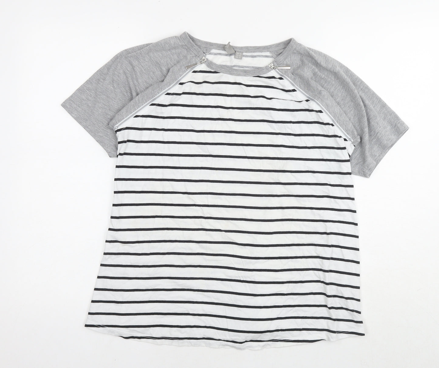 ASOS Womens White Striped Cotton Basic T-Shirt Size 10 Round Neck - Zip Detail