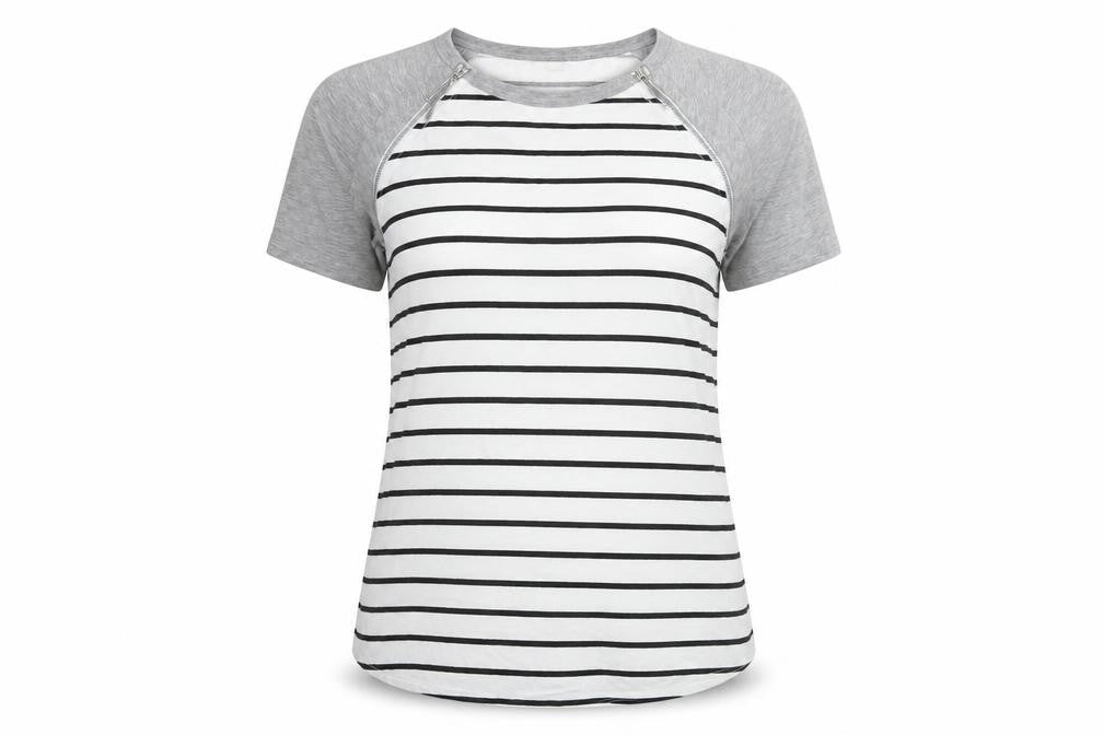 ASOS Womens White Striped Cotton Basic T-Shirt Size 10 Round Neck - Zip Detail