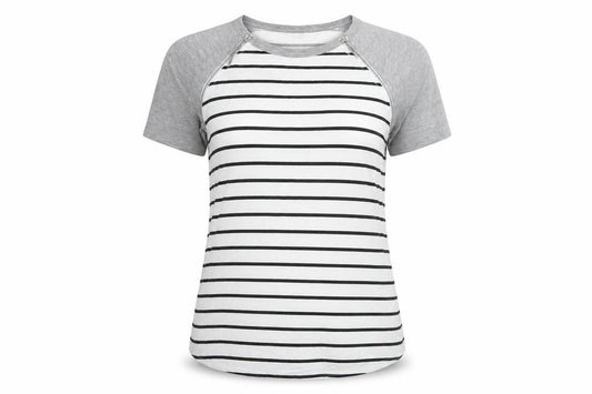 Front view of ASOS women’s white striped cotton basic t-shirt, size UK 10, round neck - zip detail