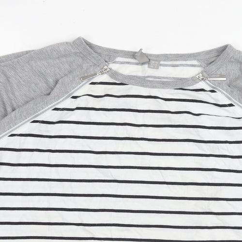 ASOS Womens White Striped Cotton Basic T-Shirt Size 10 Round Neck - Zip Detail