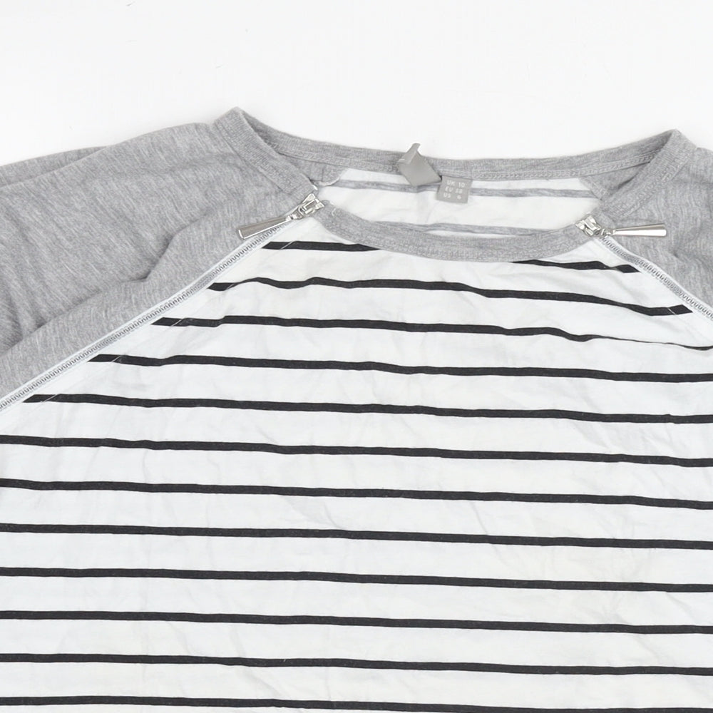 ASOS Womens White Striped Cotton Basic T-Shirt Size 10 Round Neck - Zip Detail