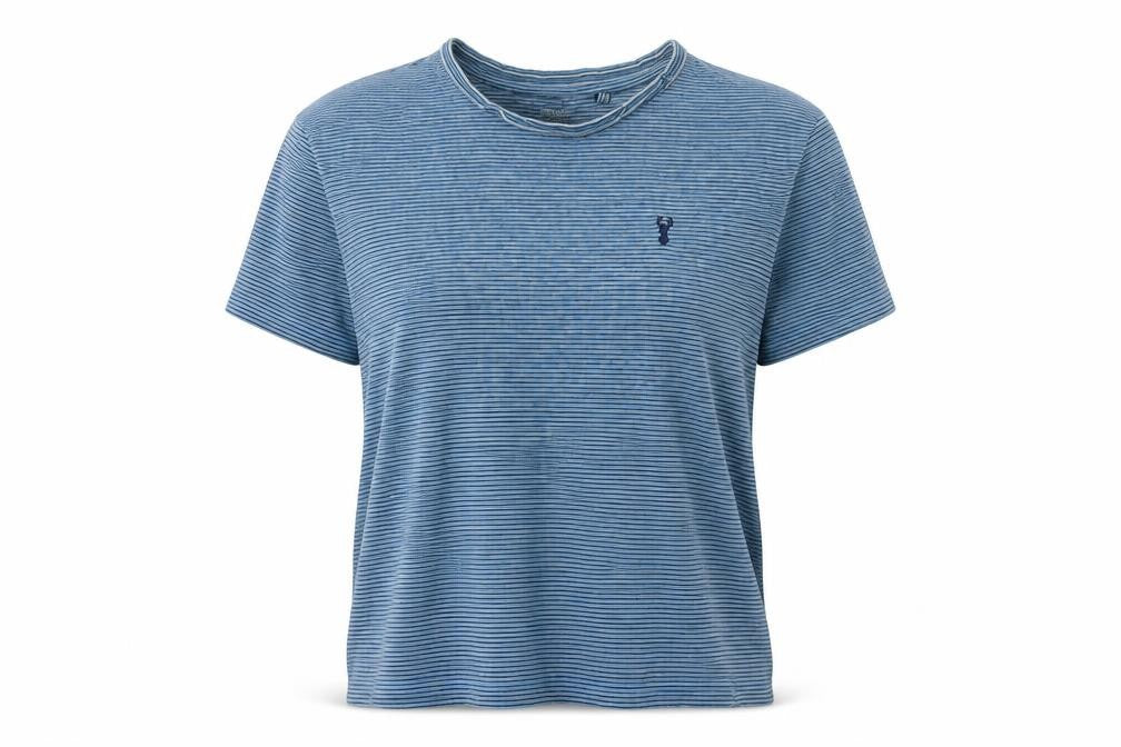 Front view of Next women’s blue striped cotton basic t-shirt, size XS, round neck