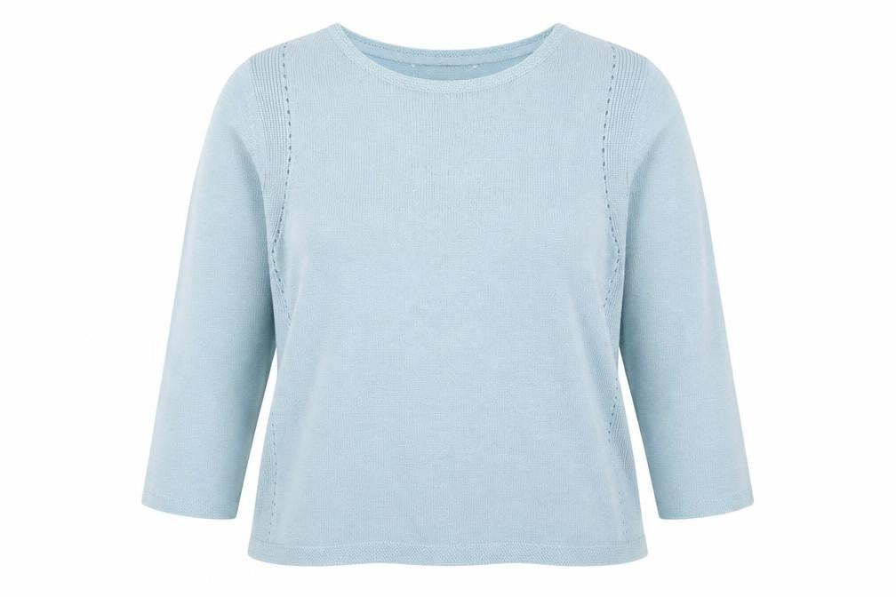 Front view of Marks & Spencer women’s blue round neck acrylic jumper, size UK 18