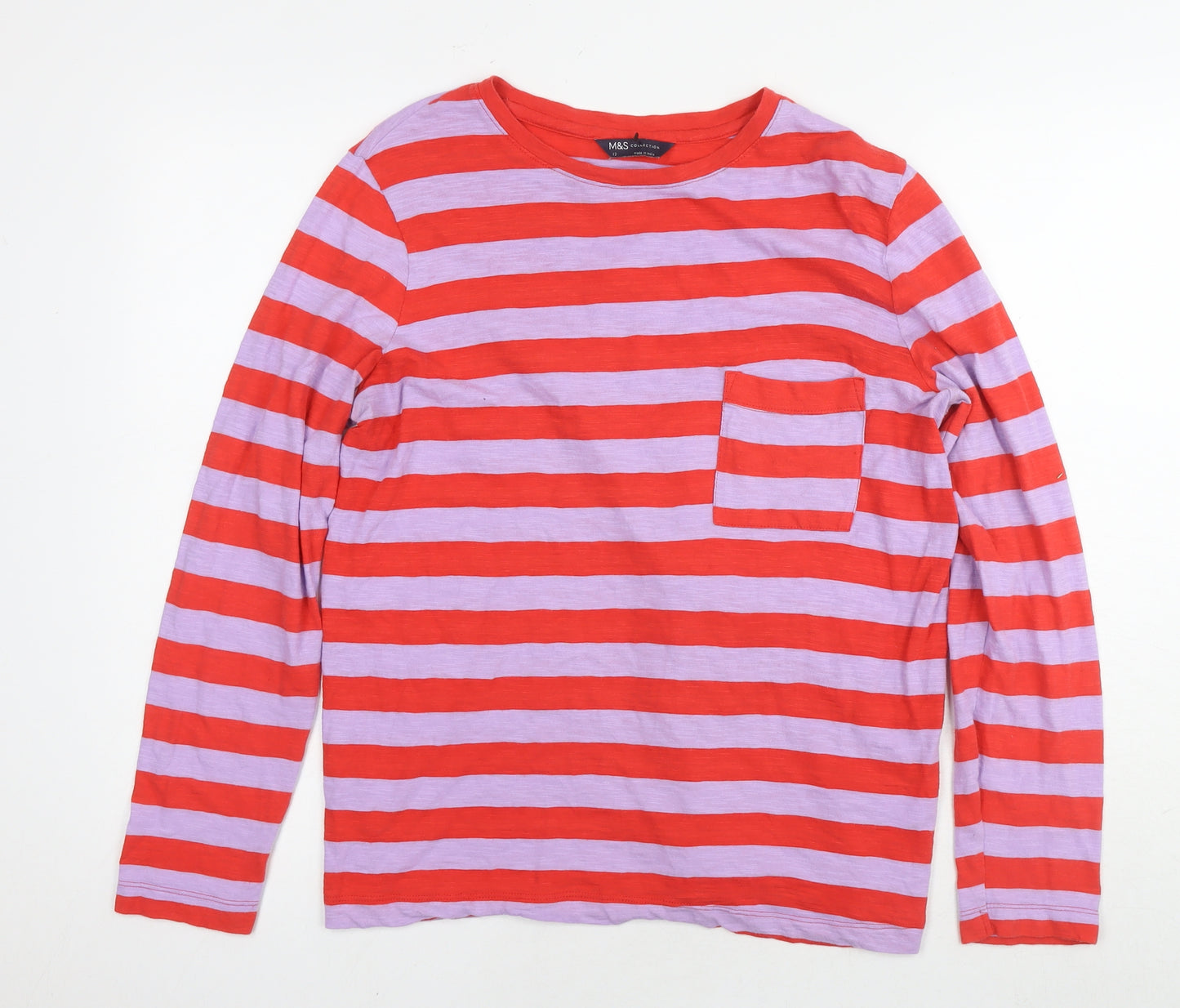 Marks and Spencer Womens Red Striped Cotton Basic T-Shirt Size 12 Round Neck