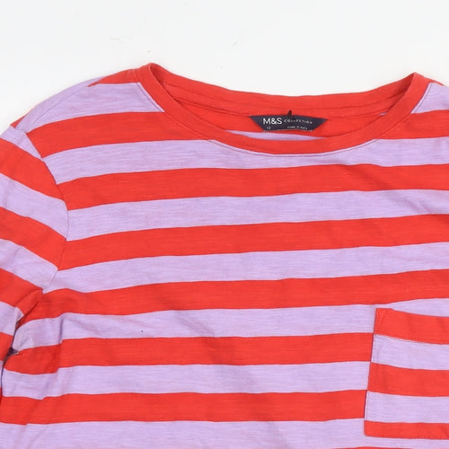 Marks and Spencer Womens Red Striped Cotton Basic T-Shirt Size 12 Round Neck