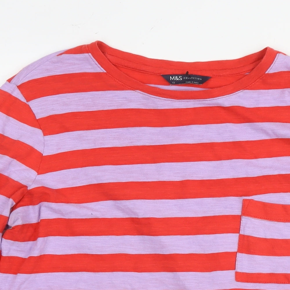 Marks and Spencer Womens Red Striped Cotton Basic T-Shirt Size 12 Round Neck