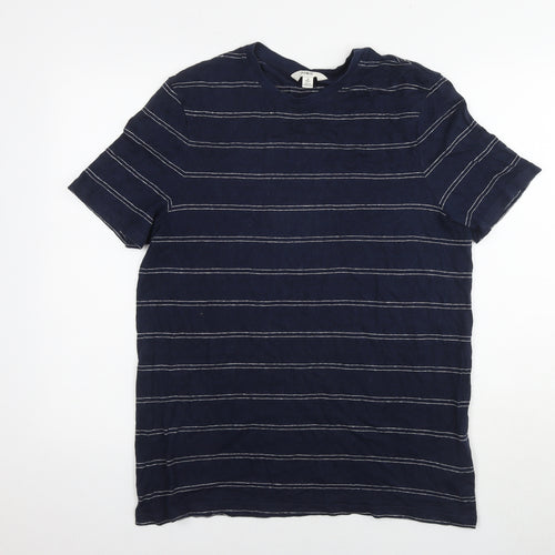 Marks and Spencer Mens Blue Striped Linen T-Shirt Size M Round Neck