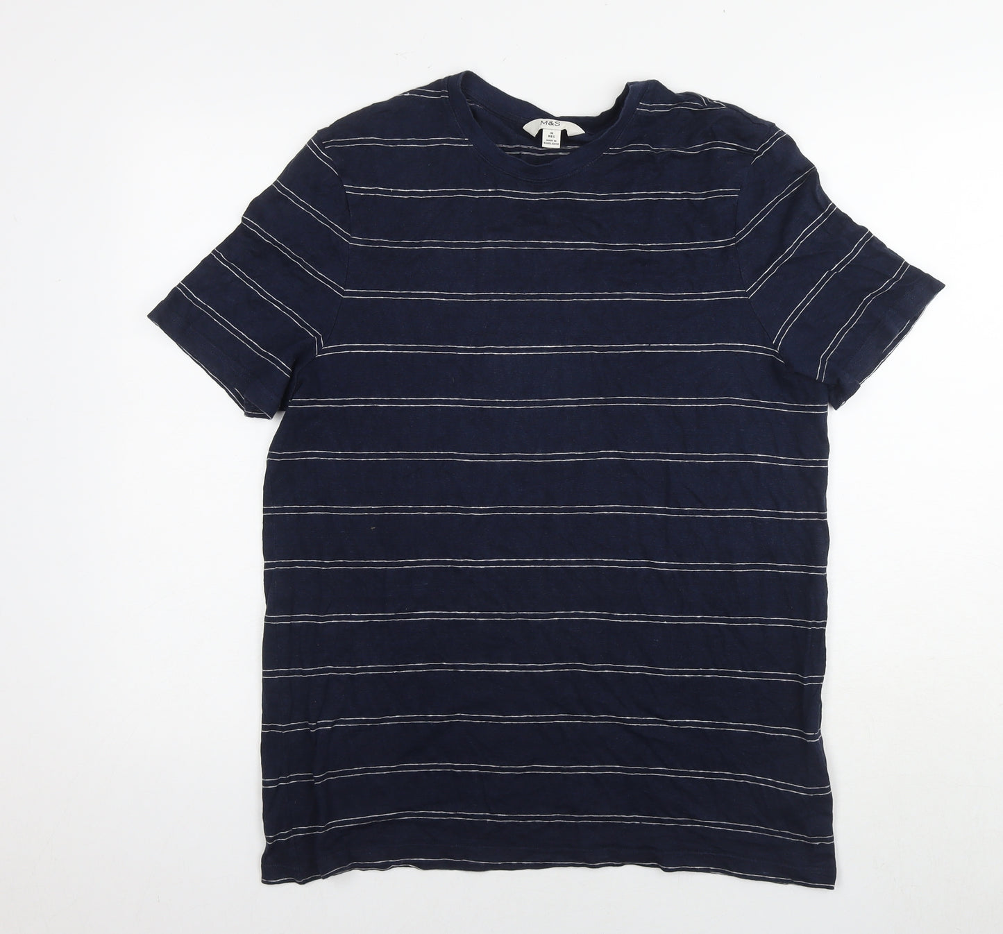 Marks and Spencer Mens Blue Striped Linen T-Shirt Size M Round Neck