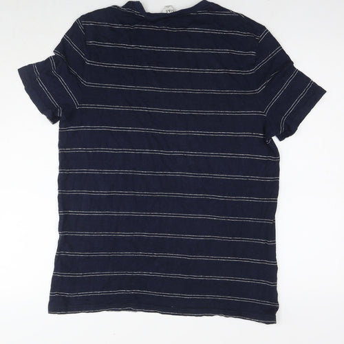 Marks and Spencer Mens Blue Striped Linen T-Shirt Size M Round Neck