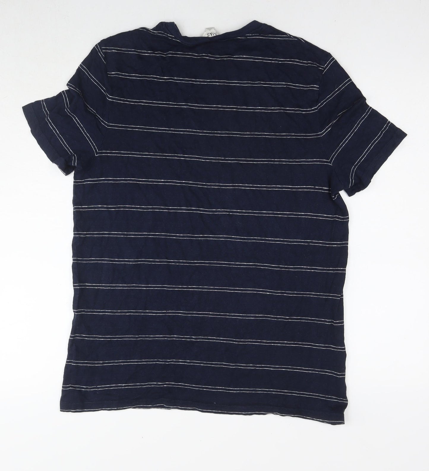 Marks and Spencer Mens Blue Striped Linen T-Shirt Size M Round Neck