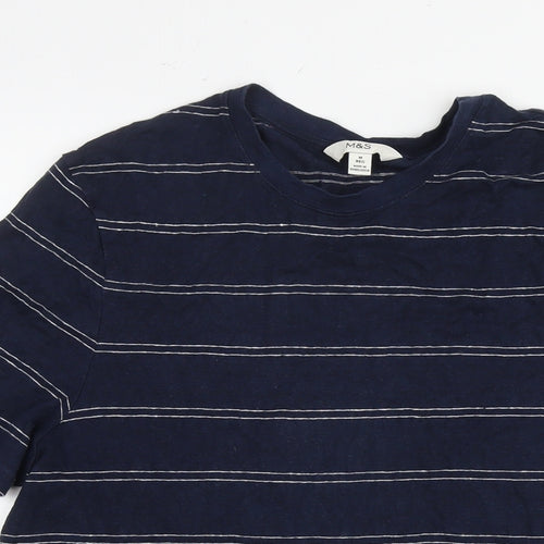 Marks and Spencer Mens Blue Striped Linen T-Shirt Size M Round Neck