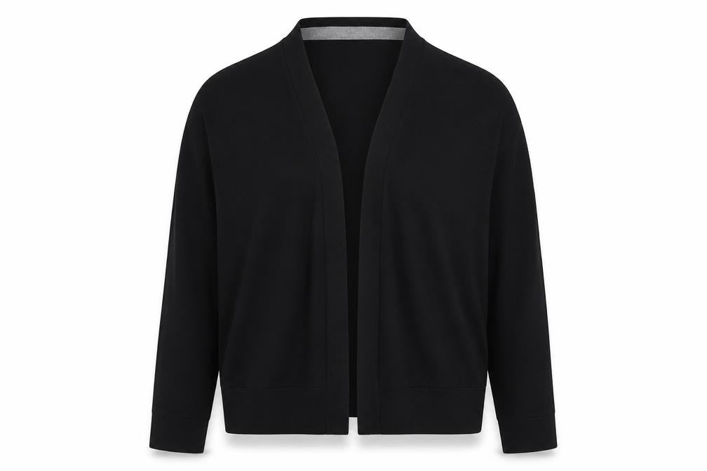 Front view of Next women’s black v-neck cotton cape jumper, size UK 12