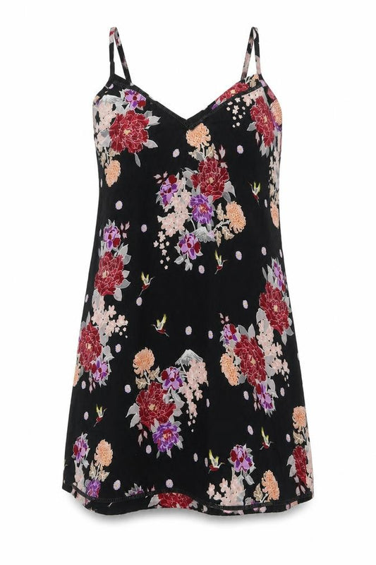 Front view of Pour Moi women’s black floral viscose tank dress, size UK 12, v-neck pullover