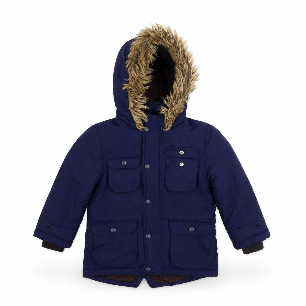 Front view of John Lewis boys’ blue parka jacket, size 3, years zip