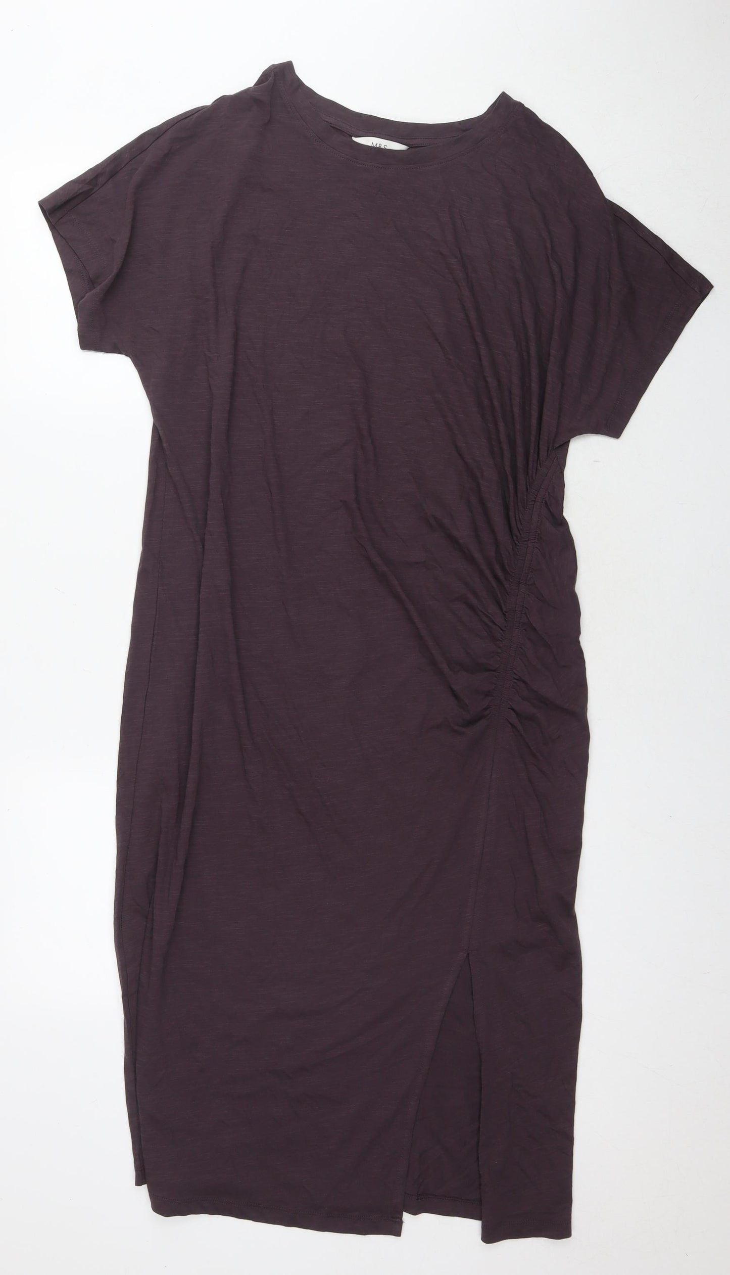 Marks and Spencer Womens Brown Cotton T-Shirt Dress Size 14 Round Neck Pullover - Side Slit(s)