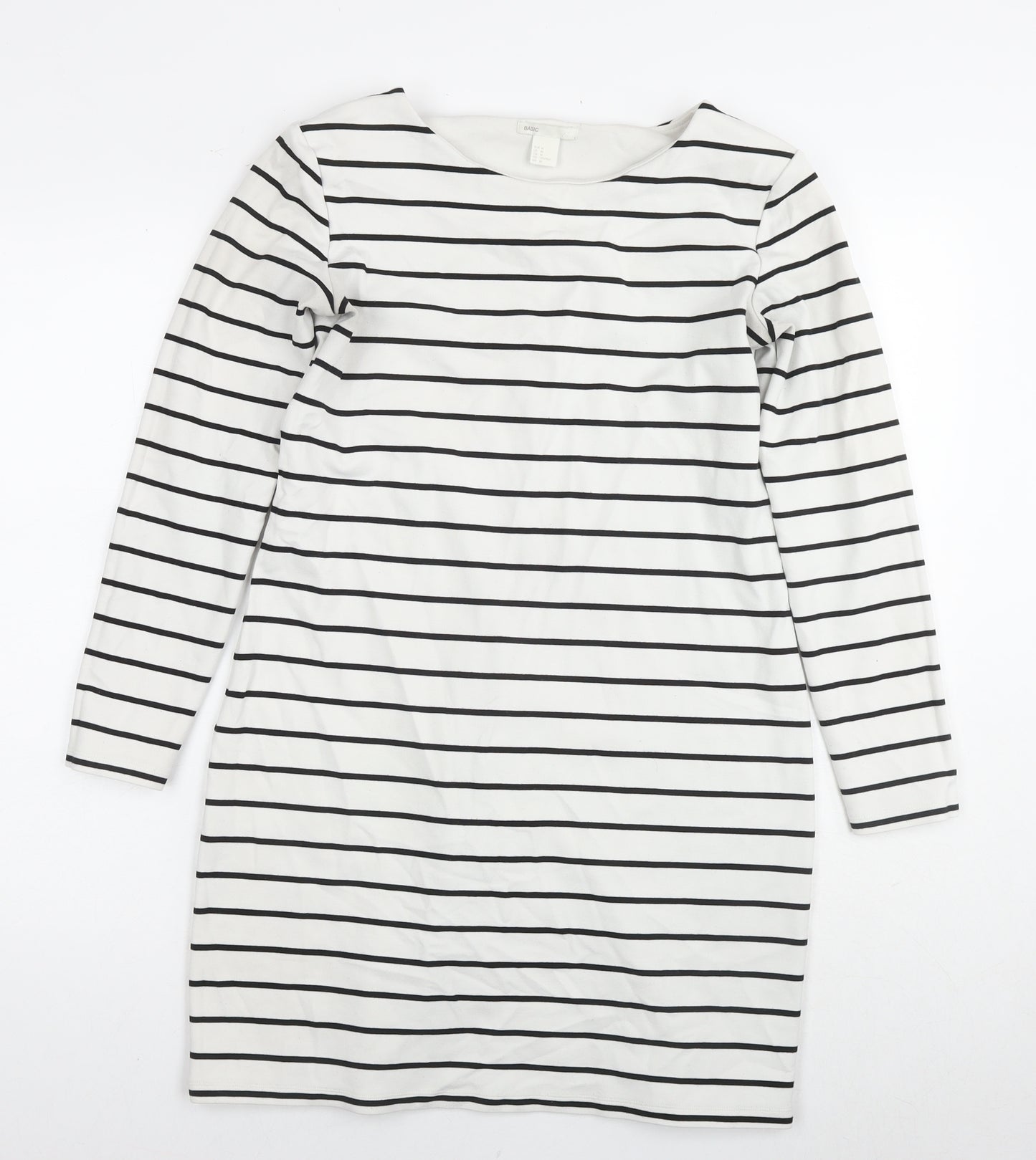 H&M Womens White Striped Viscose Jumper Dress Size M Round Neck Pullover