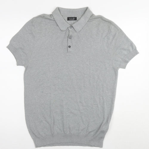 Zara Mens Grey Acrylic Polo Size L Collared Pullover