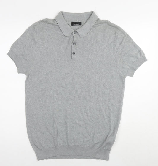 Zara Mens Grey Acrylic Polo Size L Collared Pullover