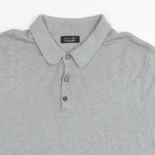 Zara Mens Grey Acrylic Polo Size L Collared Pullover