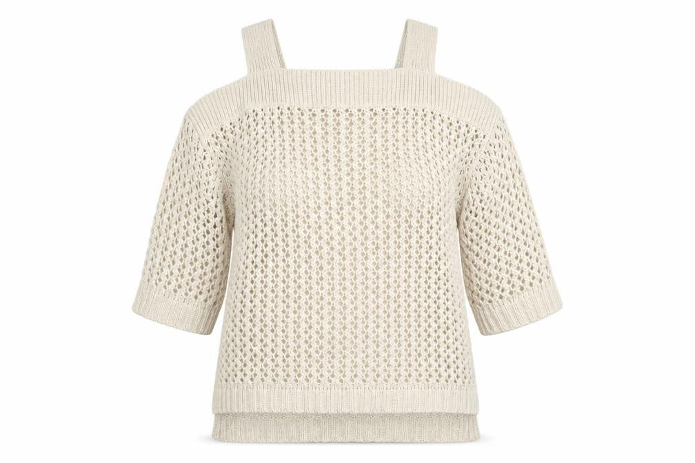 Front view of Marks & Spencer women’s beige square neck acrylic jumper, size S, - cold shoulder