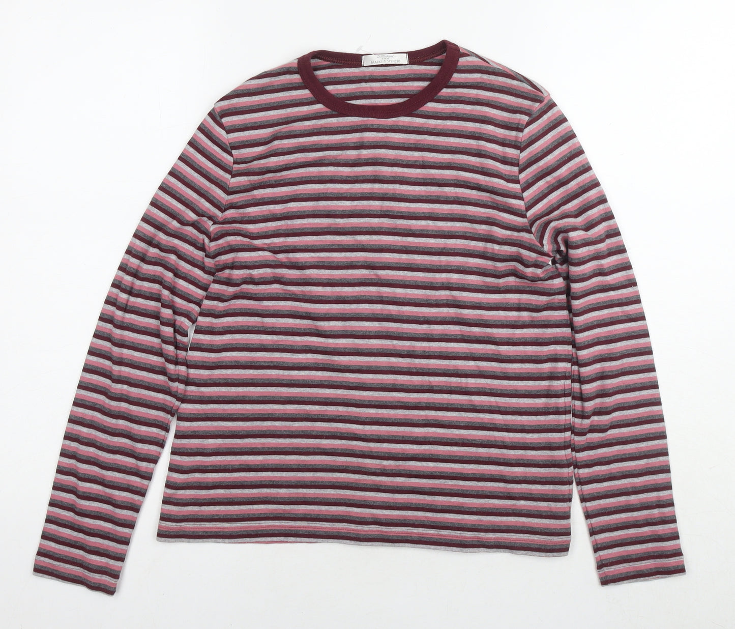 St Michael Womens Pink Striped Cotton Basic T-Shirt Size 14 Round Neck
