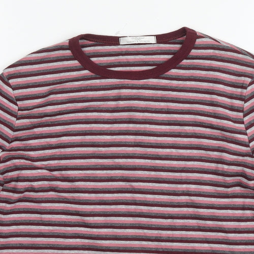 St Michael Womens Pink Striped Cotton Basic T-Shirt Size 14 Round Neck