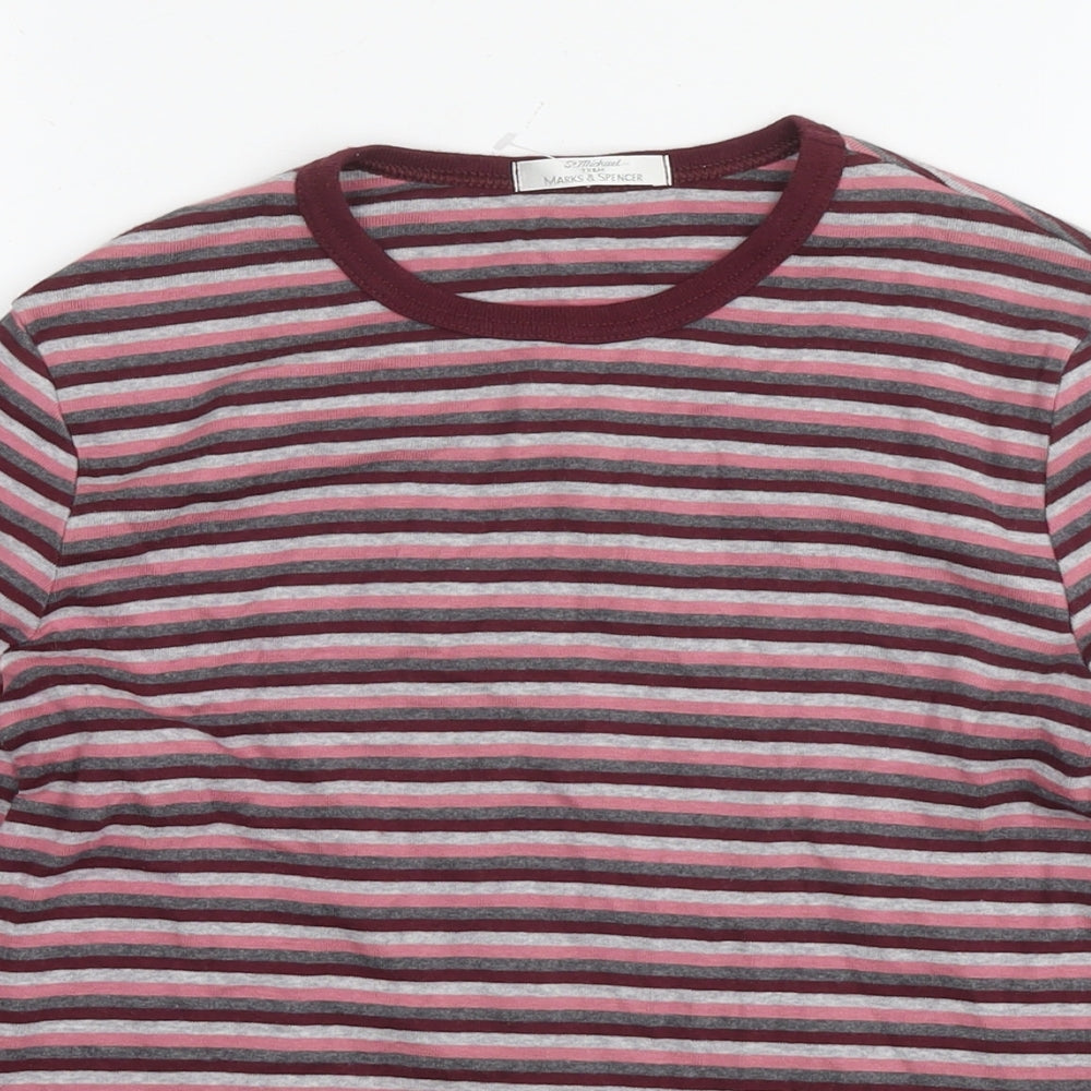 St Michael Womens Pink Striped Cotton Basic T-Shirt Size 14 Round Neck