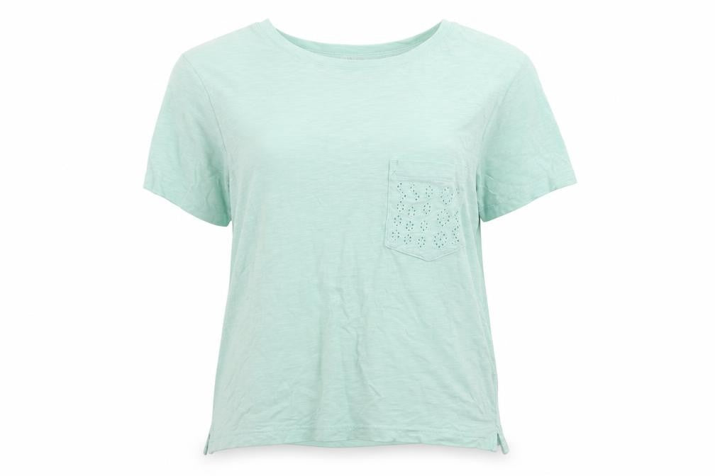 Front view of Marks & Spencer women’s blue cotton basic t-shirt, size UK 12, round neck